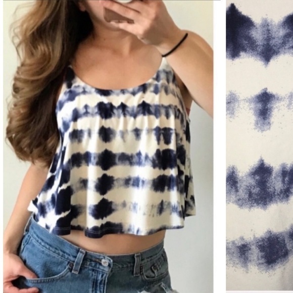 TIE DYE White & Navy Boho Festival Crop Top Medium - Picture 1 of 6